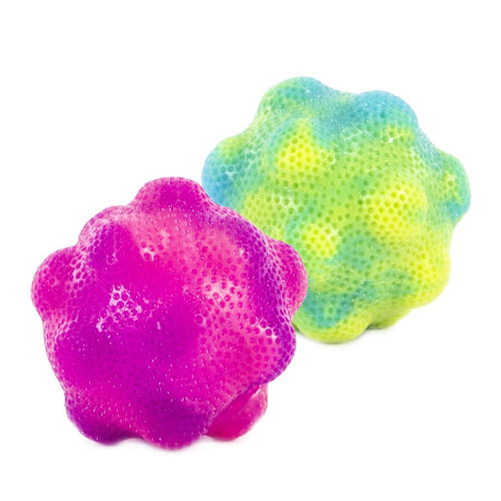Two textured, colorful Tutti Fruiti Boogie Balls in purple and blue-green, perfect for bouncing and playing.
