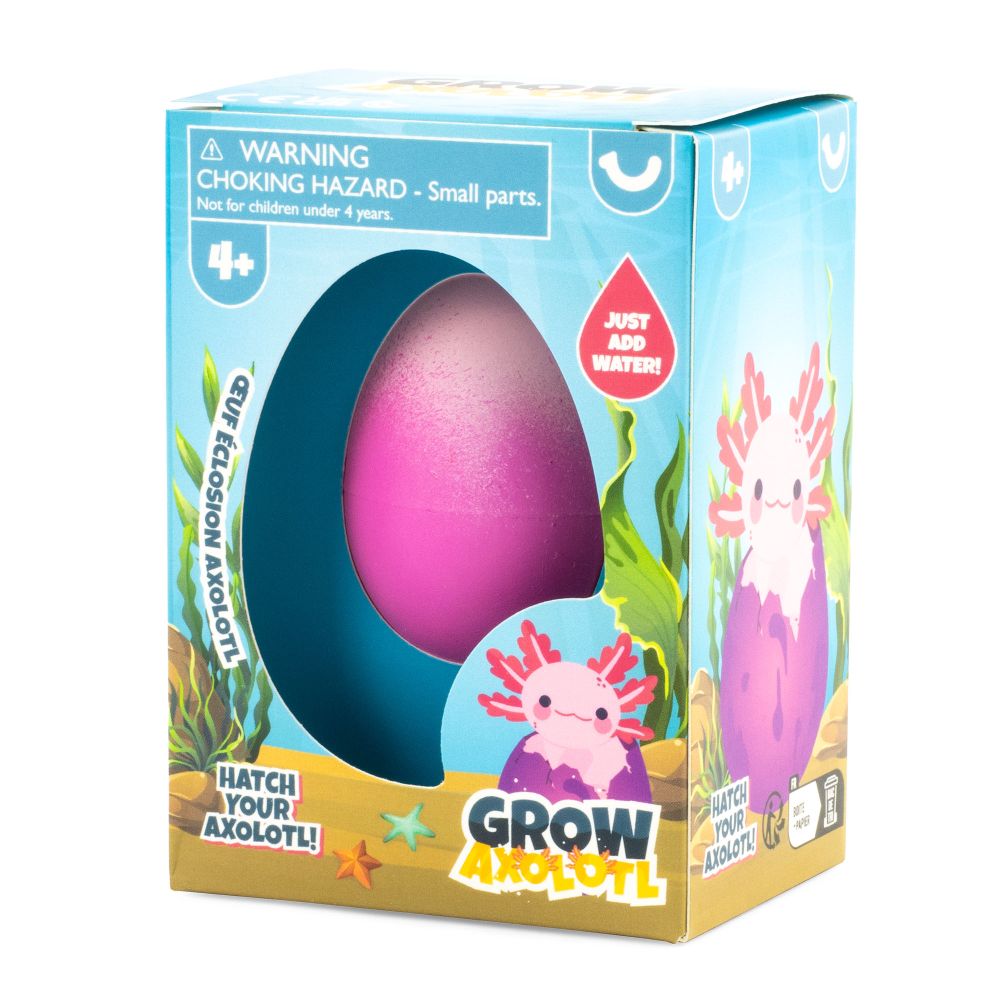 Grow Axolotl toy egg in colorful packaging that hatches and grows with water for kids ages 4 and up.