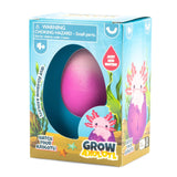 Grow Axolotl toy egg in colorful packaging that hatches and grows with water for kids ages 4 and up.