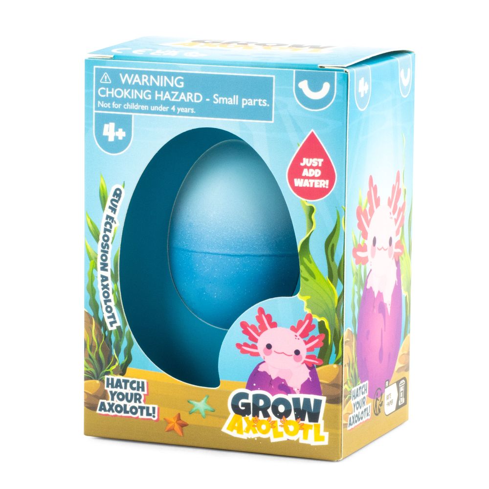 Grow Axolotl packaging showing a blue egg with instructions to hatch and grow a magical axolotl by adding water.