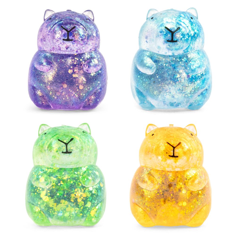 Glitter Stretchy Capybara glitter-filled toys in purple blue green and yellow colors quartet