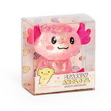 Glitter Stretch Axolotl pink sparkly axolotl toy in a clear display box