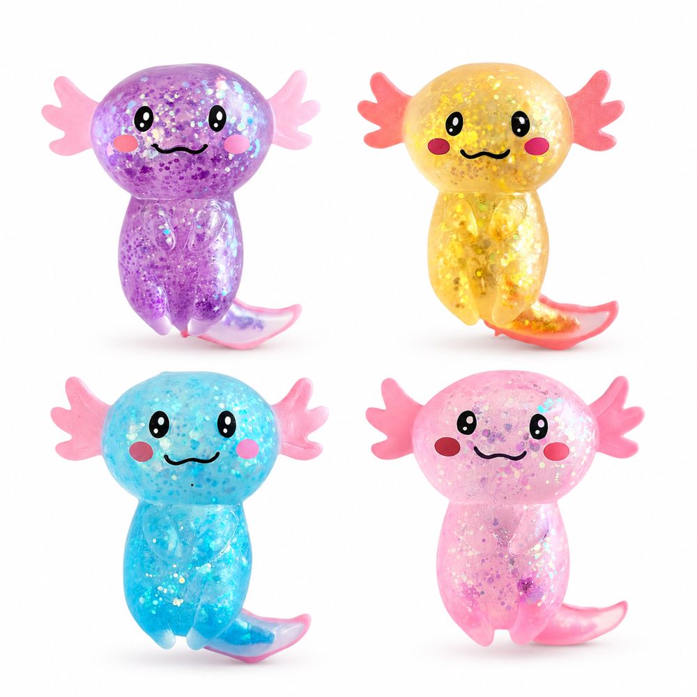 Glitter Stretch Axolotl four colorful glittery axolotl toys in purple yellow blue and pink