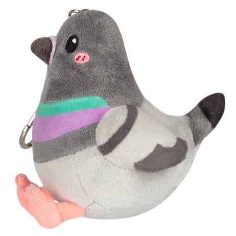 Soft gray plush pigeon keychain with colorful markings, called Pigeon Micro, ideal for ages 3 and up.
