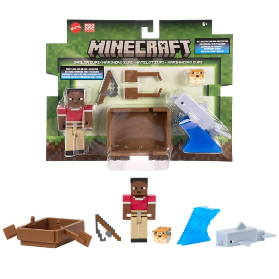 Minecraft Dungeons two-pack featuring detailed figures, accessories, a boat, and iconic game-inspired items for imaginative play.