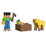Minecraft Dungeons figure holding a tool next to a sheep and a block with pixelated items on top