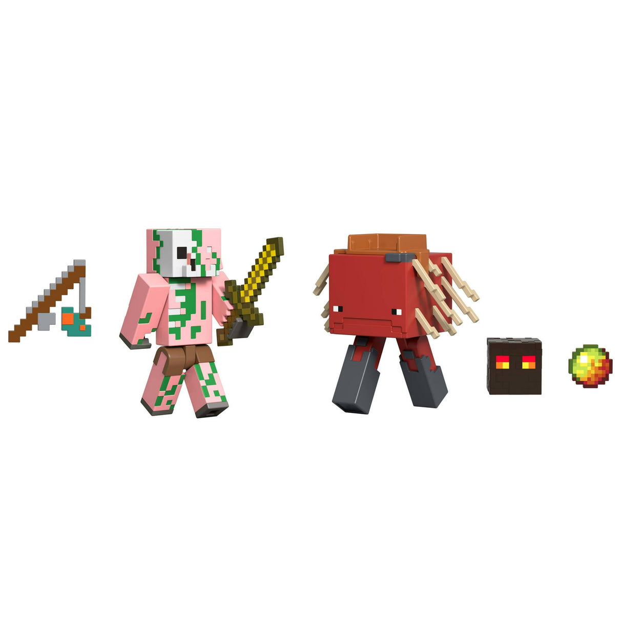 Two Minecraft Dungeons collectible figures with accessories including a golden sword and a fireball on a white background.