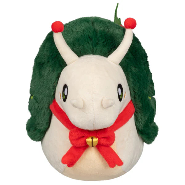 Soft white plush snail with dark green fuzzy shell, red scarf tied with a small gold bell, and red-tipped antennae