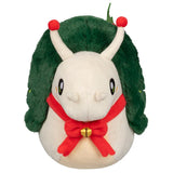 Soft white plush snail with dark green fuzzy shell, red scarf tied with a small gold bell, and red-tipped antennae