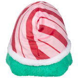 Soft festive hat with red and pink swirling stripes, white fluffy trim, and bright green fuzzy base