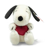 Snoopy Miniature plush holding a red felt heart, made from soft mohair, collectible Steiff item.