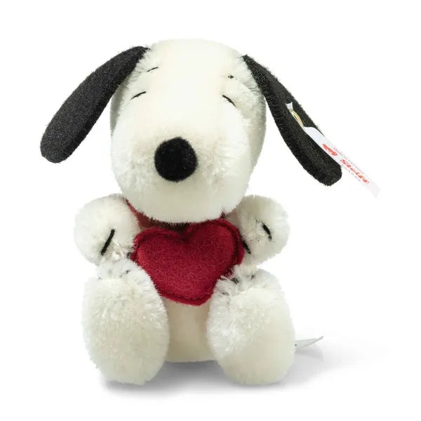 Snoopy Miniature plush holding a red felt heart, made from soft mohair, collectible Steiff item.