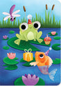 Cartoon frog with party hat and large eyes on lily pad with fish, gift box, cupcake, flowers, and dragonfly in pond