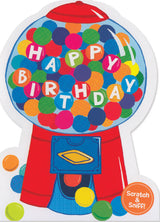 Colorful gumball machine illustration with multicolored balls spelling out happy birthday message