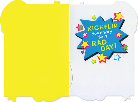 Skateboard Neon Card showing bright yellow envelope and colorful inside with "Kickflip your way to a rad day!" message.