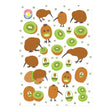 4.25" x 5.8" sticker sheet with 24 stickers of kiwi birds and kiwi fruits.
