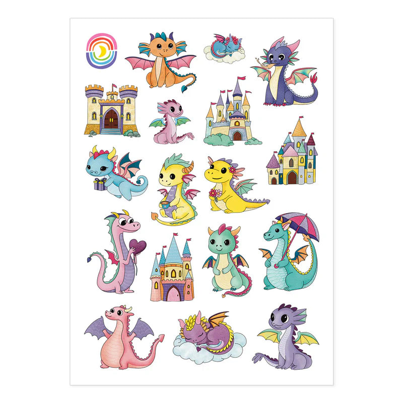 4.25" x 5.8" sticker sheet of 17 delightfully adorable dragon and castle stickers.