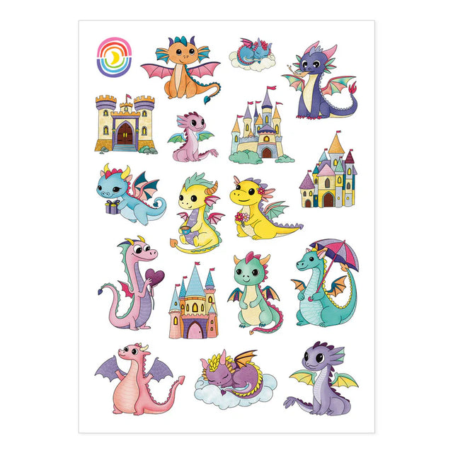 4.25" x 5.8" sticker sheet of 17 delightfully adorable dragon and castle stickers.