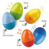 Colorful wooden sensory eggs labeled with playful sound actions like chirp, rattle, jingle, and click for toddlers.