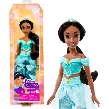 Disney Princess Jasmine doll in signature turquoise outfit with removable tiara and shoes, perfect for imaginative play.
