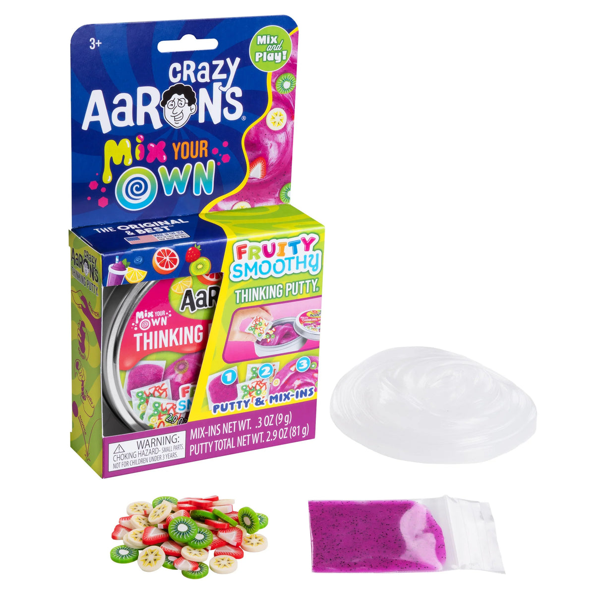 Clear container of swirled pink and white putty with fruit-shaped mix-in pieces and a small packet in colorful packaging
