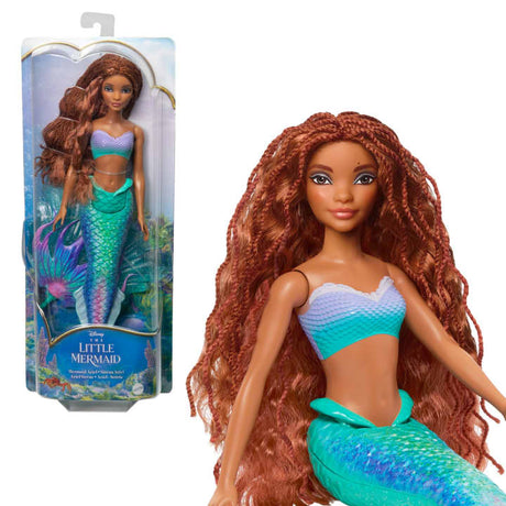 Disney The Little Mermaid doll featuring Ariel with long hair and a colorful mermaid tail in packaging and out of the box.