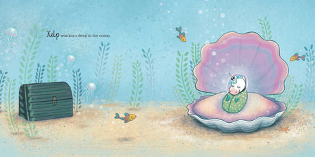 Illustration from Not Quite Narwhal showing Kelp the unicorn in a seashell under the ocean with fish and a treasure chest nearby.