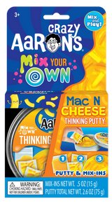 Crazy Aaron's Mix Your Own Mac N Cheese Thinking Putty kit with putty and mix-in pieces shown in packaging