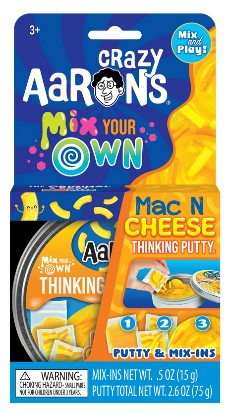 Crazy Aaron's Mix Your Own Mac N Cheese Thinking Putty kit with putty and mix-in pieces shown in packaging