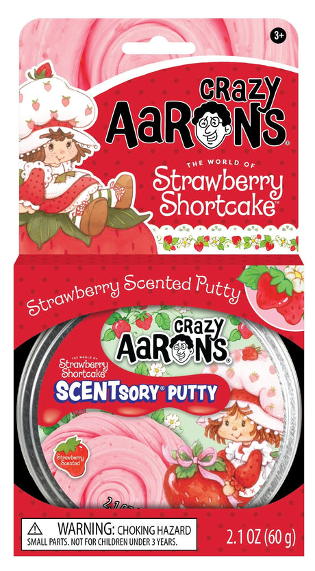 Crazy Aarons Strawberry Shortcake scented putty in pink with strawberry-themed packaging for kids ages 3 and up