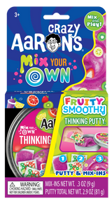 Colorful Fruity Smoothy thinking putty with mix-in packets in vibrant packaging featuring fruit illustrations and play instructions.
