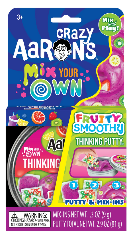 Colorful Fruity Smoothy thinking putty with mix-in packets in vibrant packaging featuring fruit illustrations and play instructions.