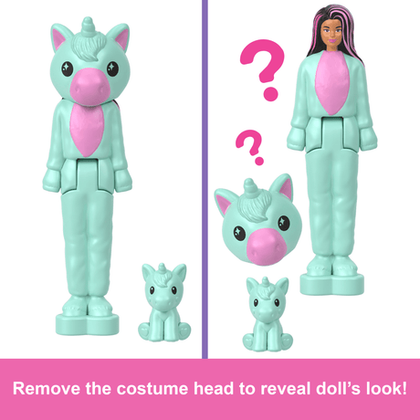 Mini BarbieLand Cutie Reveal showing a doll in unicorn costume with removable head to reveal the Barbie figure.