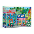 Colorful 20-piece children's puzzle featuring whimsical animal characters in a vibrant village scene with houses and greenery