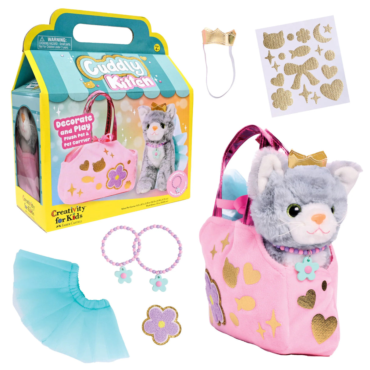 Plush gray kitten toy with pink decorated pet carrier, blue tutu, crown, bracelets, and golden stickers for kids to accessorize and play