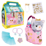 Plush gray kitten toy with pink decorated pet carrier, blue tutu, crown, bracelets, and golden stickers for kids to accessorize and play