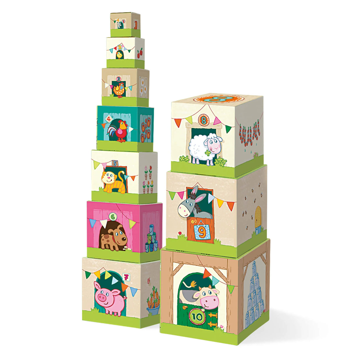 Colorful farm-themed stacking and nesting cubes for toddlers featuring animals and numbers for early learning.