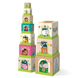 Colorful farm-themed stacking and nesting cubes for toddlers featuring animals and numbers for early learning.