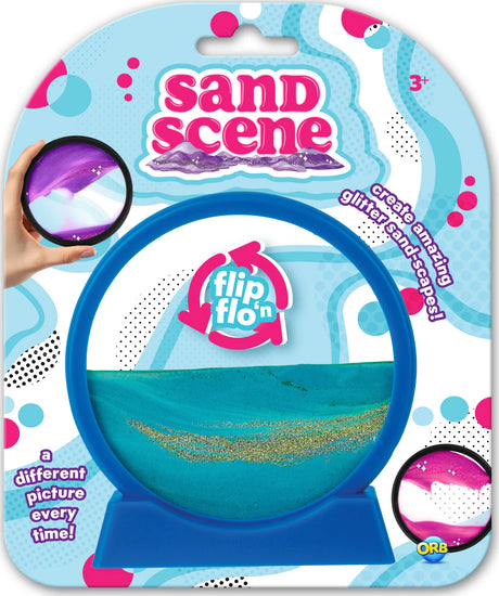 Sand Scene with blue sand and glitter creates changing landscapes with flip and turn for relaxing views.