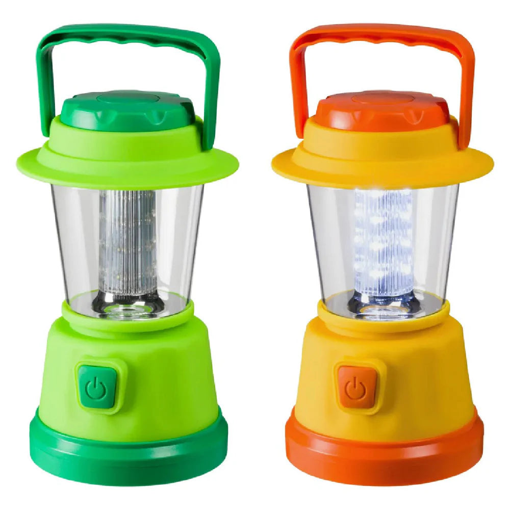 Two colorful LED lanterns with green and orange handles, perfect for camping and outdoor use with 16 LED lights each.