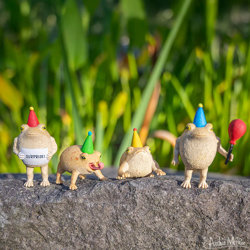 Four colorful Party Frogs rain frog figurines in party hats, posed on a stone ledge with greenery background.