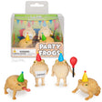 Party Frogs soft vinyl set with four rain frogs wearing colorful party hats and holding balloons in packaging.