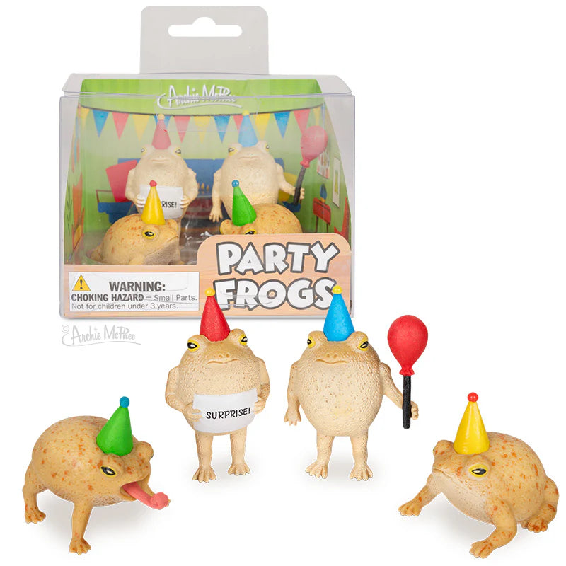 Party Frogs soft vinyl set with four rain frogs wearing colorful party hats and holding balloons in packaging.
