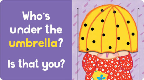 Peek-a-Baby board book page with a child hiding under a yellow polka dot umbrella flap.