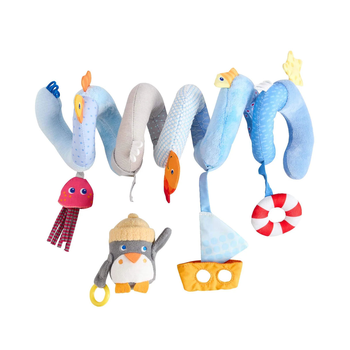 Soft blue spiral baby toy with hanging penguin, boat, jellyfish, and lifebuoy for strollers and cribs