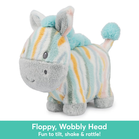 Safari Friend Zebra plush with soft colorful stripes, wobbly head, and gentle rattle for babies and toddlers.