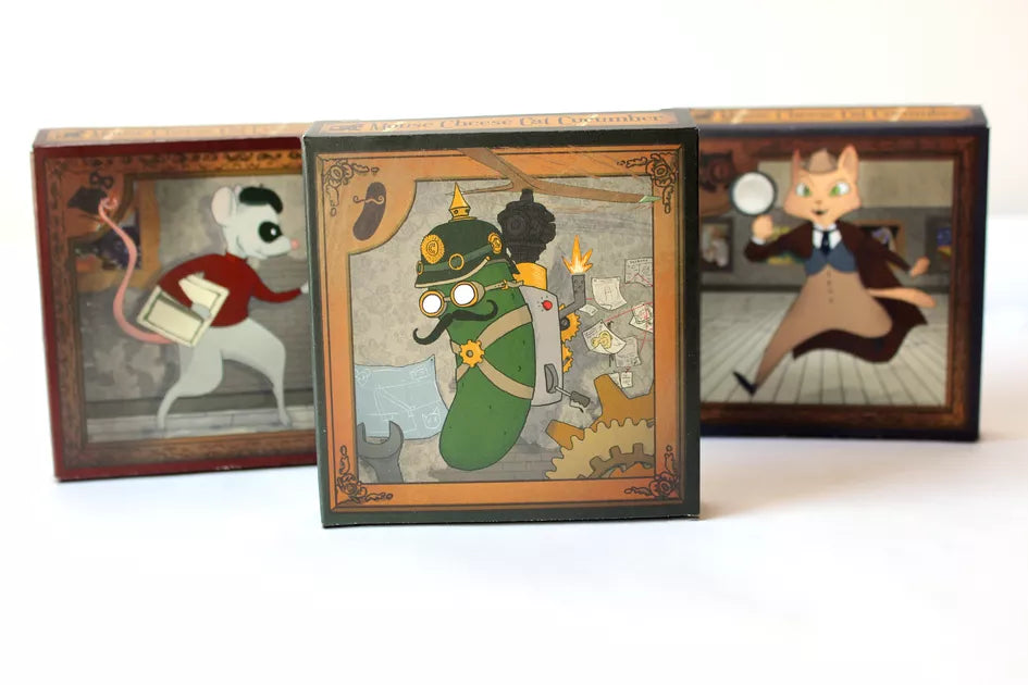 Vintage-style illustrated boxes featuring a mouse, a cucumber in steampunk gear, and a cat in old-fashioned clothing