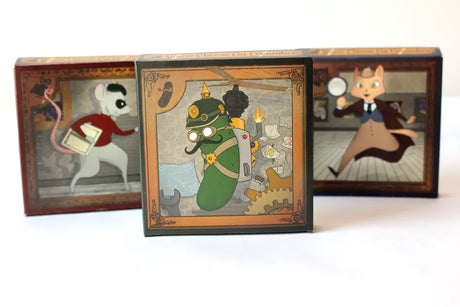 Vintage-style illustrated boxes featuring a mouse, a cucumber in steampunk gear, and a cat in old-fashioned clothing