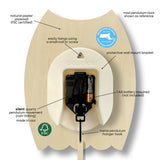 Wood Pendulum Clock | Submarine showing silent quartz movement, natural poplar plywood, and wall mount bracket detail.