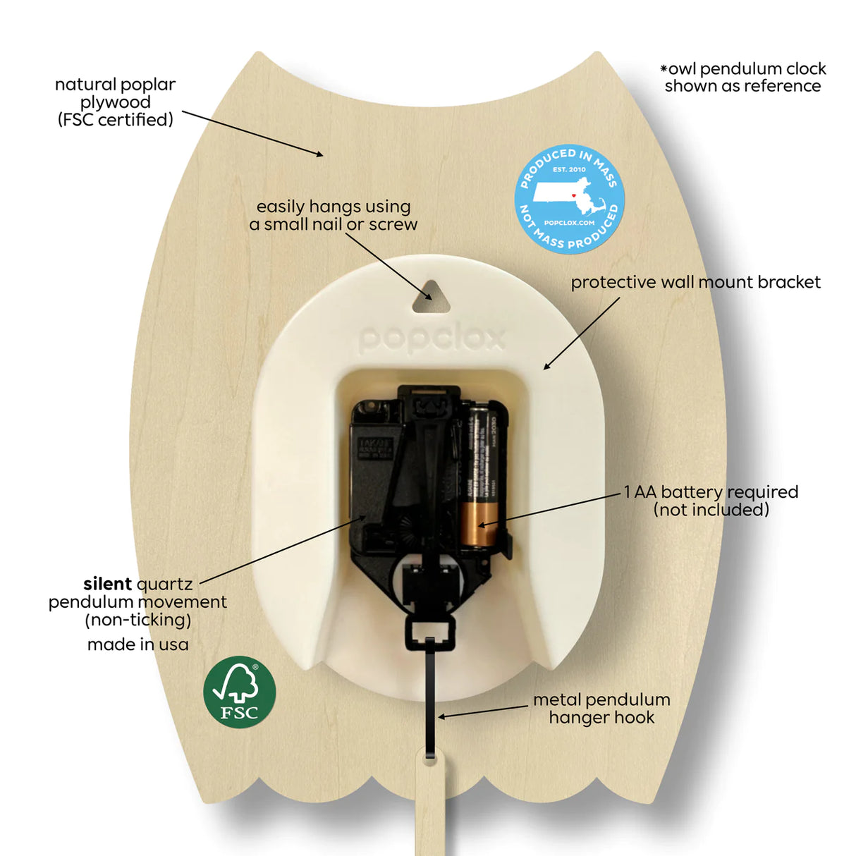 Wood Pendulum Clock | Lobster showing natural poplar plywood back with silent quartz movement and metal pendulum hanger hook